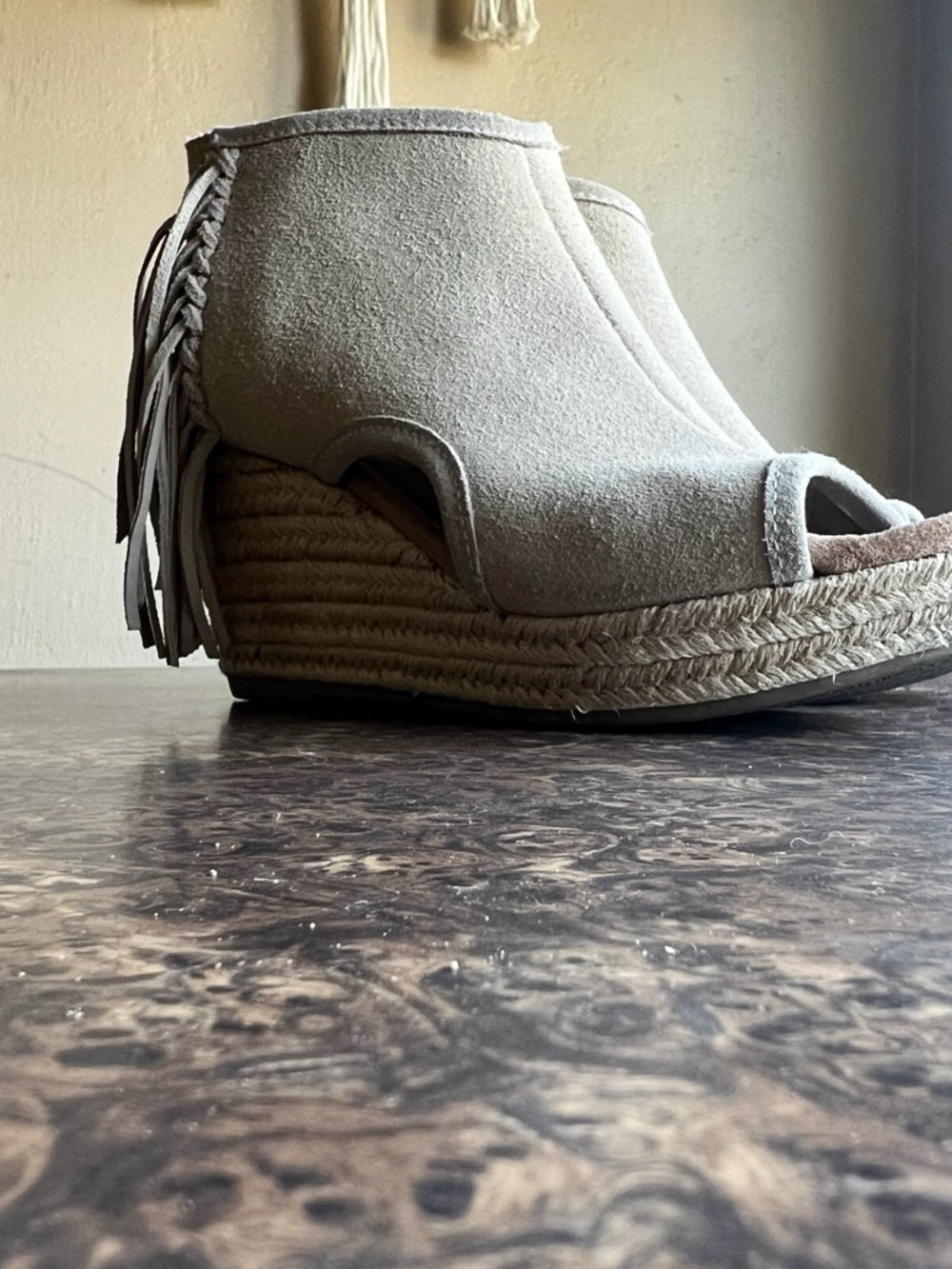 Minnetonka Light Gray Suede Wedge Ankle Booties with Fringe